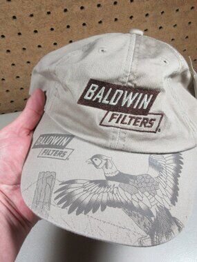K-Products mens tan an brown Baldwin Filters strapback hat NWT USA